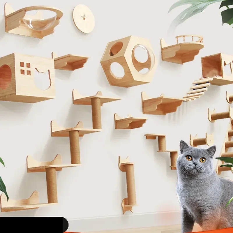 Pet Cat Climbing Frame Wall Type Solid Wood Wall Hanging Platform