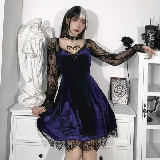 Sexy Lace Stitching Flared Long Sleeve Dress
