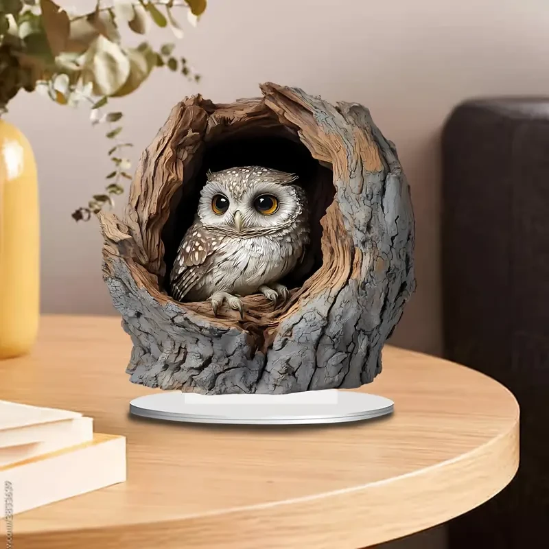 Boho Style Acrylic Owl Stump Decorative Plaque with Stand