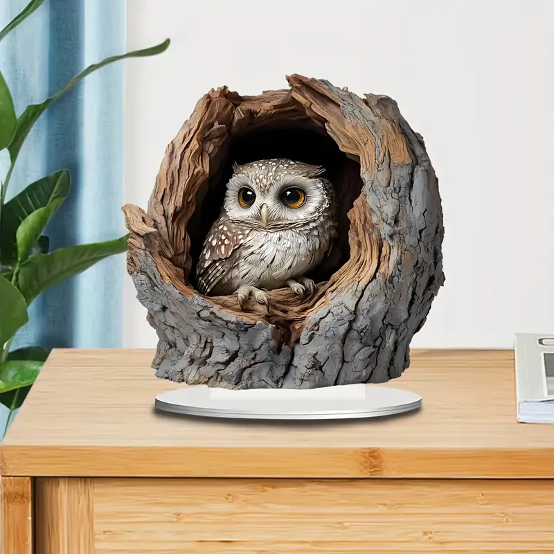 Boho Style Acrylic Owl Stump Decorative Plaque with Stand