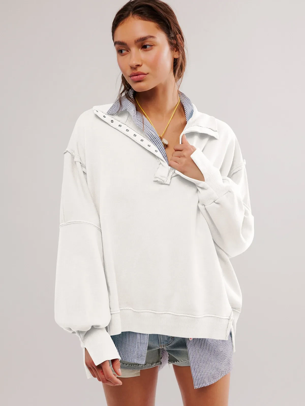 Women's Lantern Sleeve Decorative Moulding Split Lapel Sweater
