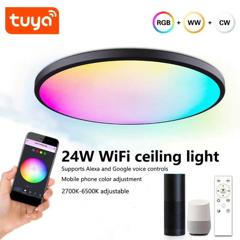 Smart Light, WiFi Ceiling Light, 24W Tuya Smart Bulb, Ultra-thin And Simple RGBCW