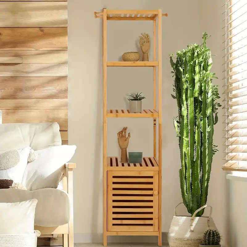4 Tiers Multifunctional Floor Tall Slim Storage Cabinet Bathroom Storage Cabinet With Shelves Bamboo Towel Cabinet For Living Room Organizer