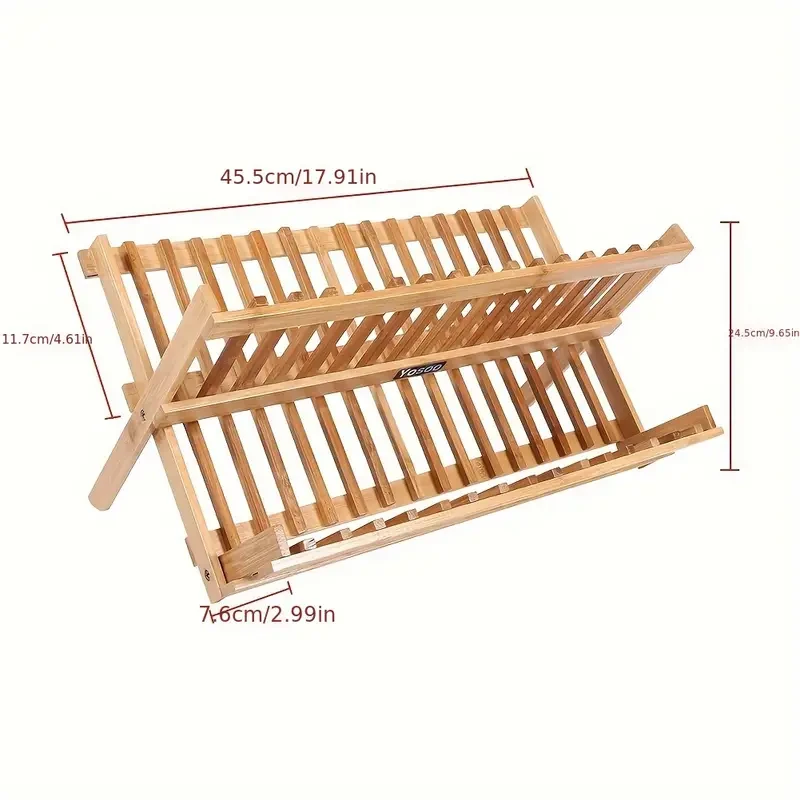 Double Tier Wooden Foldable Sink Dish Drainer Plate Cutlery Dryer Draining Rack Holder Kitchen