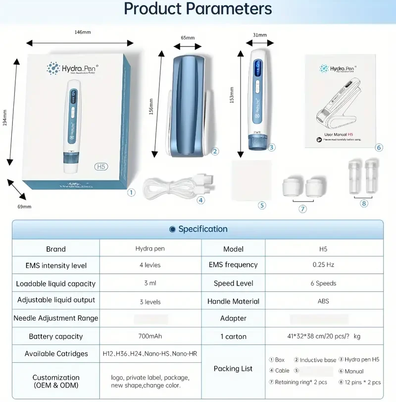 Hydra.Pen H5 Wireless Skin Care Beauty Device with EMS Infusion, Hypoallergenic, Rechargeable 700mAh Lithium Battery, USB Charging, Includes 2 Nano 0.25mm Cartridges for Wrinkle Reduction & Anti-Aging
