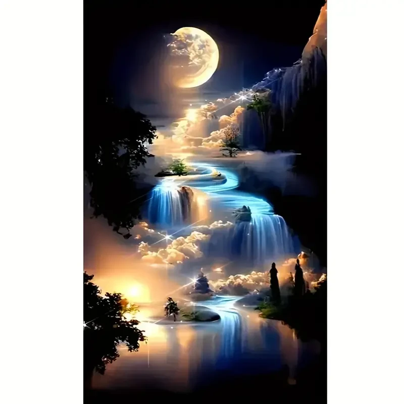 Artistic Painting Of 5D Synthetic Diamond Mountain And Stream, Moon, Night,