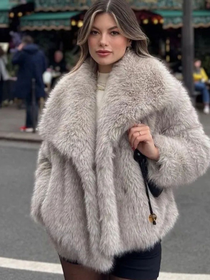 Winter Plush Thicken Lapel Coat - Womens Casual Long Sleeve Outerwear