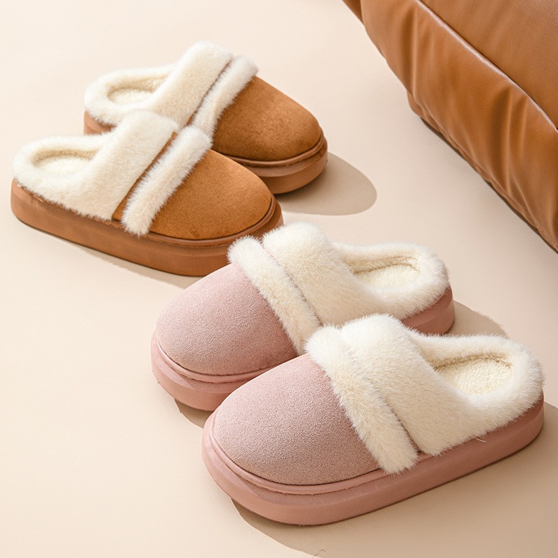 Womens Warm Cotton Slippers Thick Bottom, Non-slip Plus-Velvet Suede House Shoes