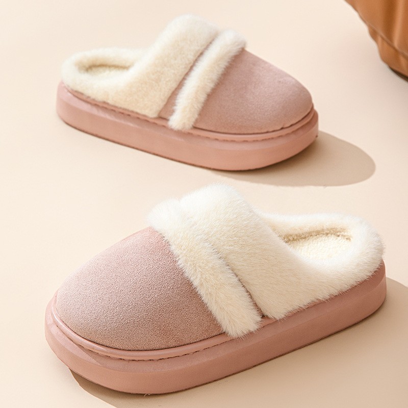 Womens Warm Cotton Slippers Thick Bottom, Non-slip Plus-Velvet Suede House Shoes