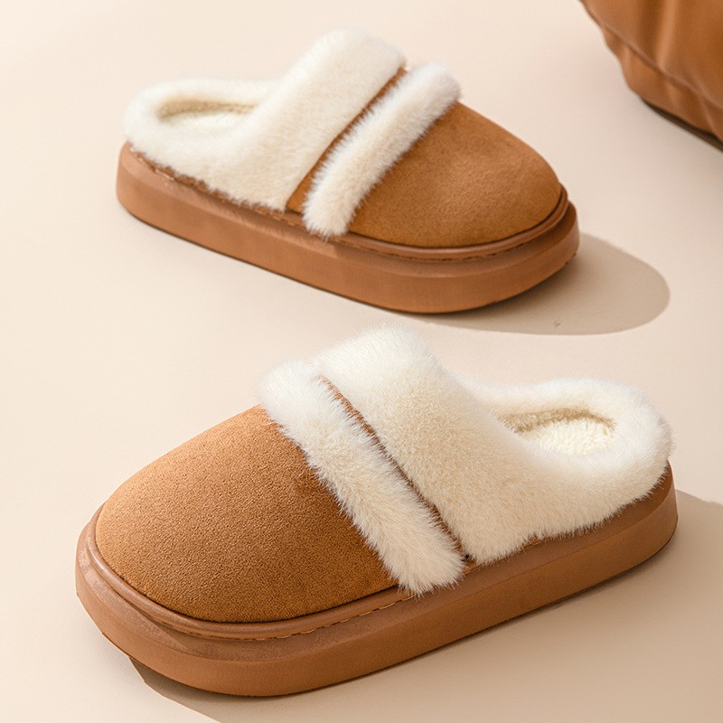 Womens Warm Cotton Slippers Thick Bottom, Non-slip Plus-Velvet Suede House Shoes
