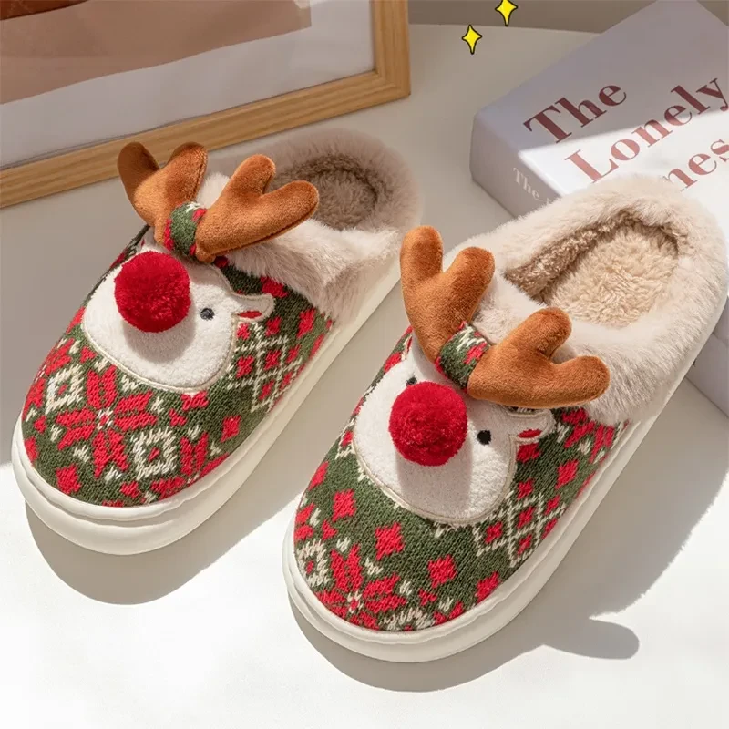 Cute Christmas Elk Plush Slippers Cozy Non-slip Fuzzy House Shoes for Women
