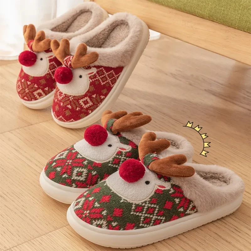 Cute Christmas Elk Plush Slippers Cozy Non-slip Fuzzy House Shoes for Women