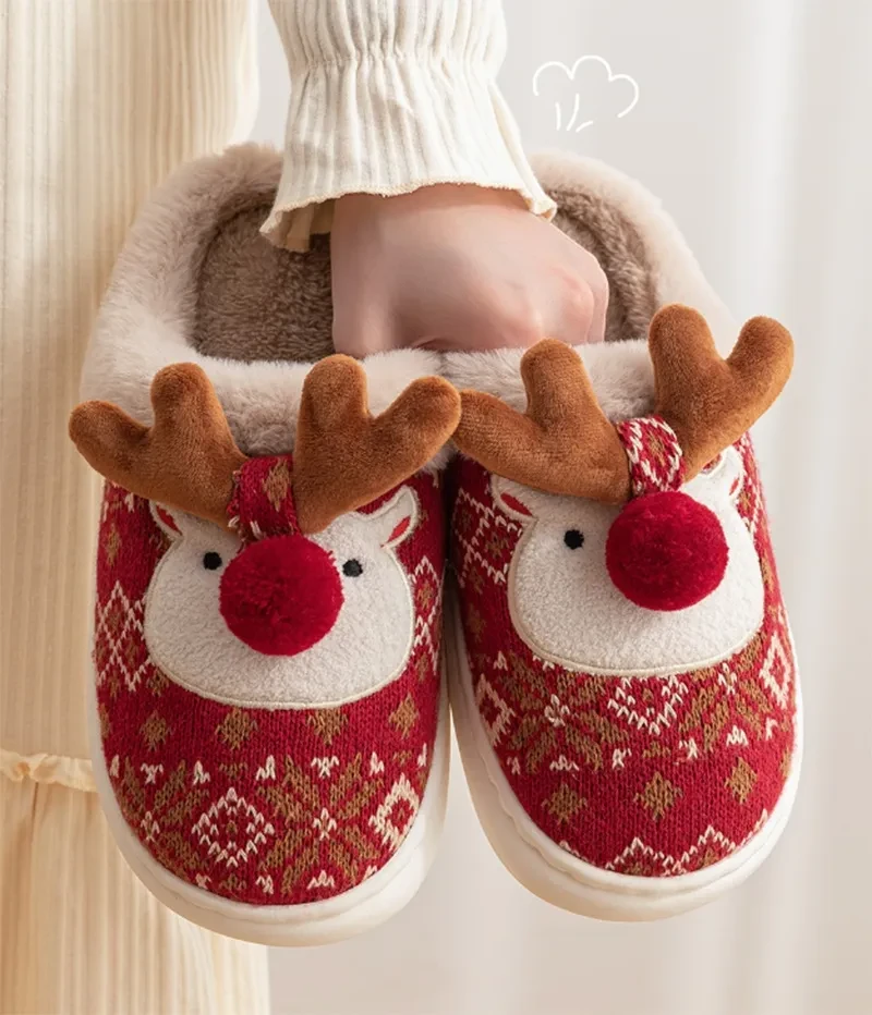 Cute Christmas Elk Plush Slippers  Cozy Non-slip Fuzzy House Shoes for Women
