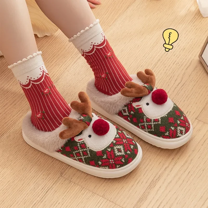 Cute Christmas Elk Plush Slippers Cozy Non-slip Fuzzy House Shoes for Women