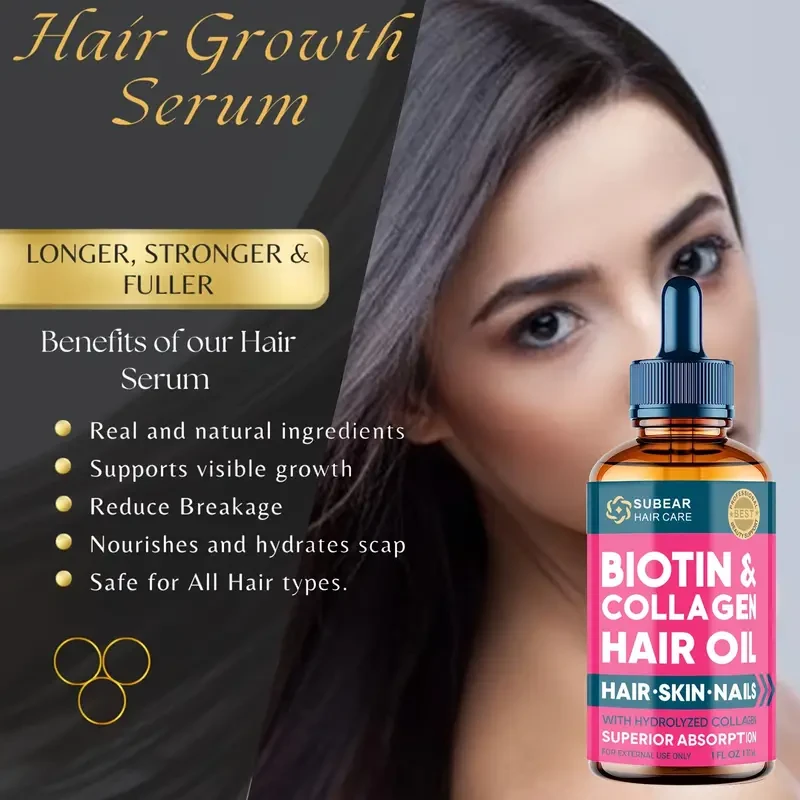 Liquid Biotin & Collagen - Hair Oil For Hair Growth Support For Women & Men - Strong Nails & Healthy Skin - Hair Regrowth Treatment For Scalp Hair Loss Hair Thinning For Thicker Longer Fuller Healthier Hair