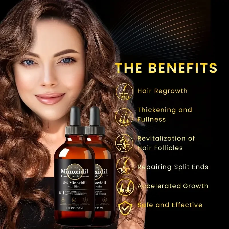 Minoxidil 5% Hair Growth Solution 30ml, 2-Pack - Biotin Hair Growth Serum Hair Regrowth Treatment For Regrow Hair, Thicken & Strengthen For Fuller, Healthier Hair