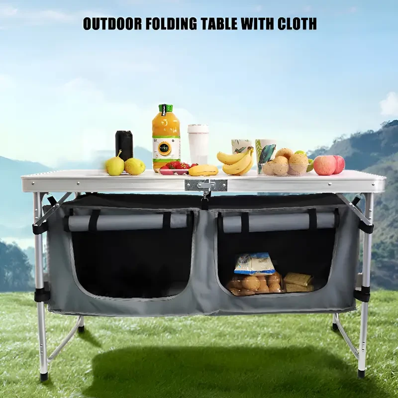 Outdoor Folding Table, Camping Table with Storage Cloth Cabinet, Portable Aluminum Lightweight Table, 3 Adjustable Heights, Suitable for Indoor, Barbecue, Party, Picnic, Camping, Hiking, Beach