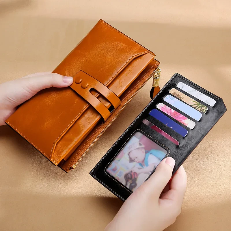 Manufacturers Wholesale Women'S Wallets Multi Card Buckle Long Oil Wax Leather Wallets European And American Retro Leather Handbags