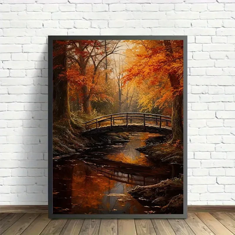 1pc Unframed Canvas Poster, Modern Art, Autumn Forest Stream Bridge