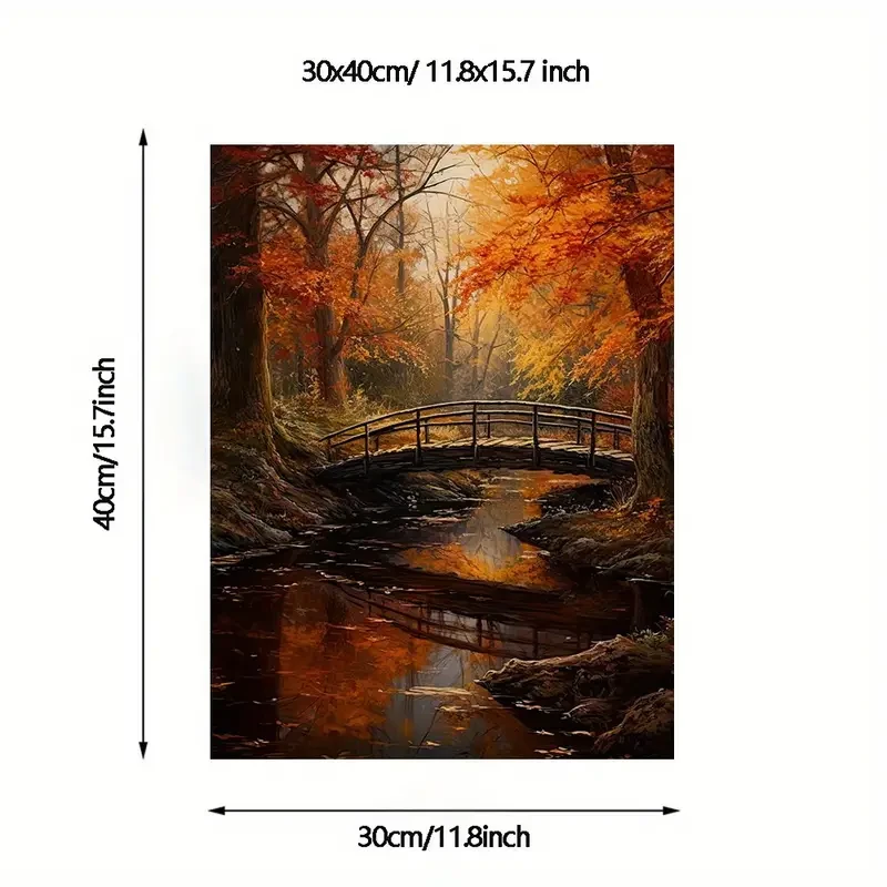 1pc Unframed Canvas Poster, Modern Art, Autumn Forest Stream Bridge