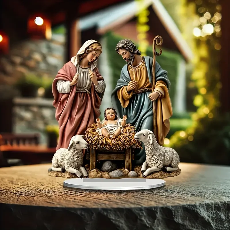 Classic Jesus Birth Acrylic Ornaments, Warm Shepherd Theme Decoration