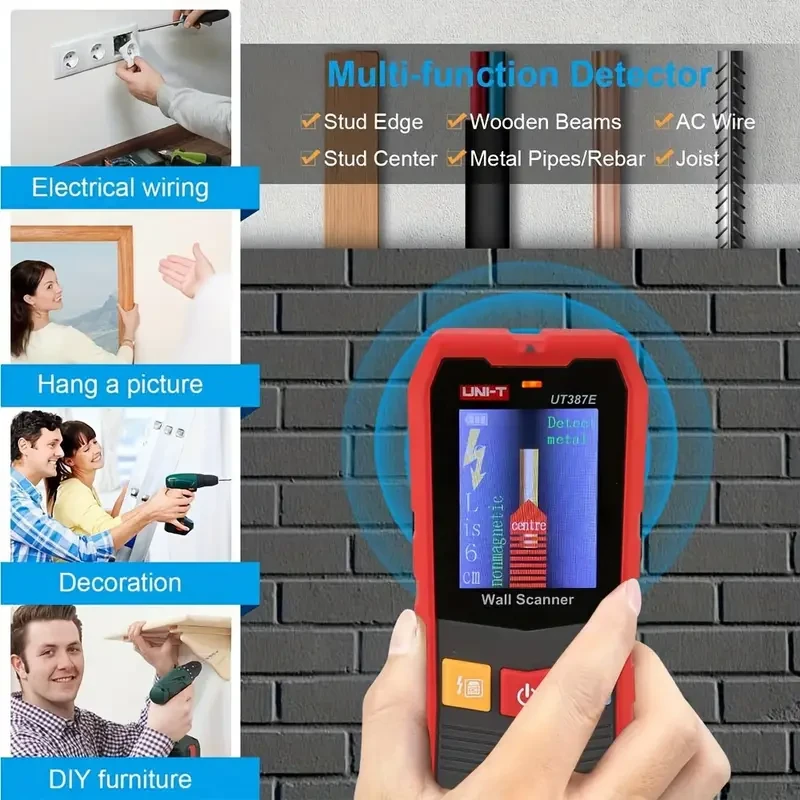 UNI-T UT387E Wall Scanner Stud Finder, 6-in-1 Multi-Function Detection with Voice Prompt and LCD Display for Center Edge Detecting Metal