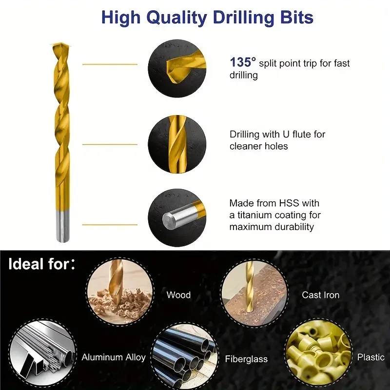 99pcs Titanium Coated High Speed Steel Drill Bit Set, HSS Round Shank Twist Drill Bits With Storage Case For Metal