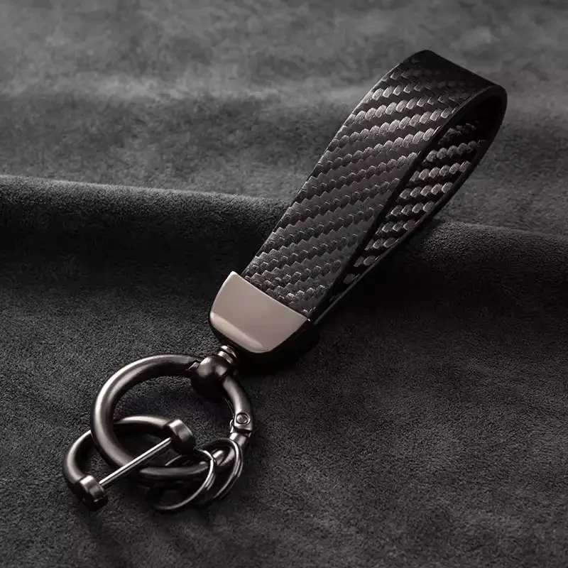 Carbon Fiber PU Leather Keychain with Mesh Hand Rope