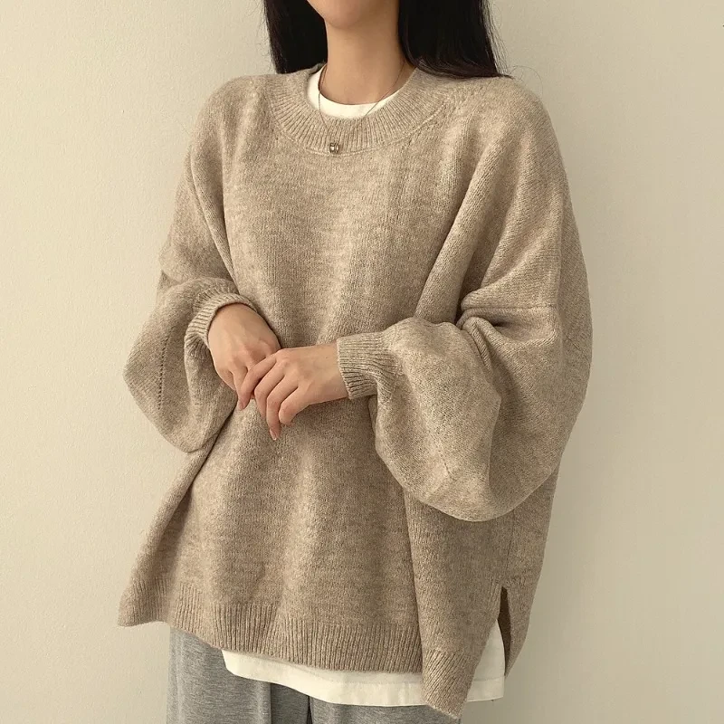 Crewneck Pullover Lantern Sleeve Loose Sweater Woman