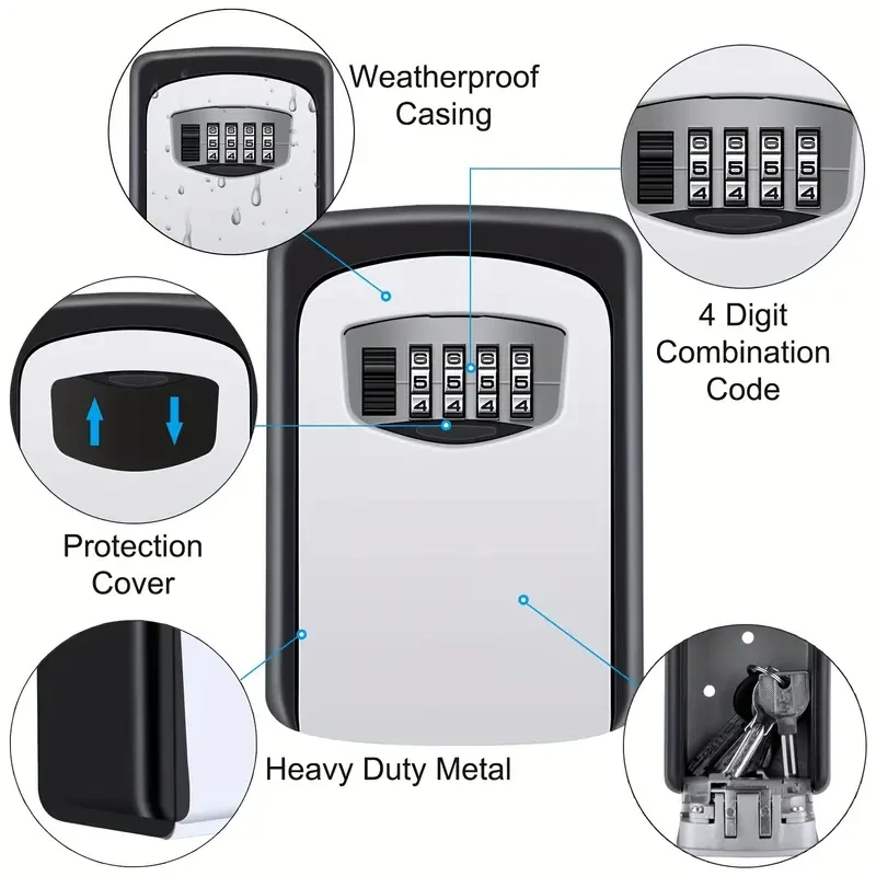 Heavy Duty Wall Mounted Key Lock Box - Weatherproof Key Safe with Slide Cover, Holds Up to 8 Keys