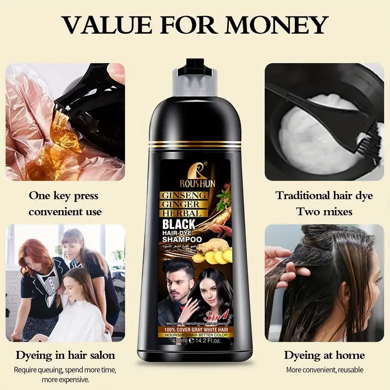 420ml Rapid Hair Color Shampoo - Instant Gray Hair Coverage, Natural-Looking, Long-Lasting Color, Easy to Use, No Damage, Sulfate-Free, for Men and Women, Black Hair Dye in Minutes