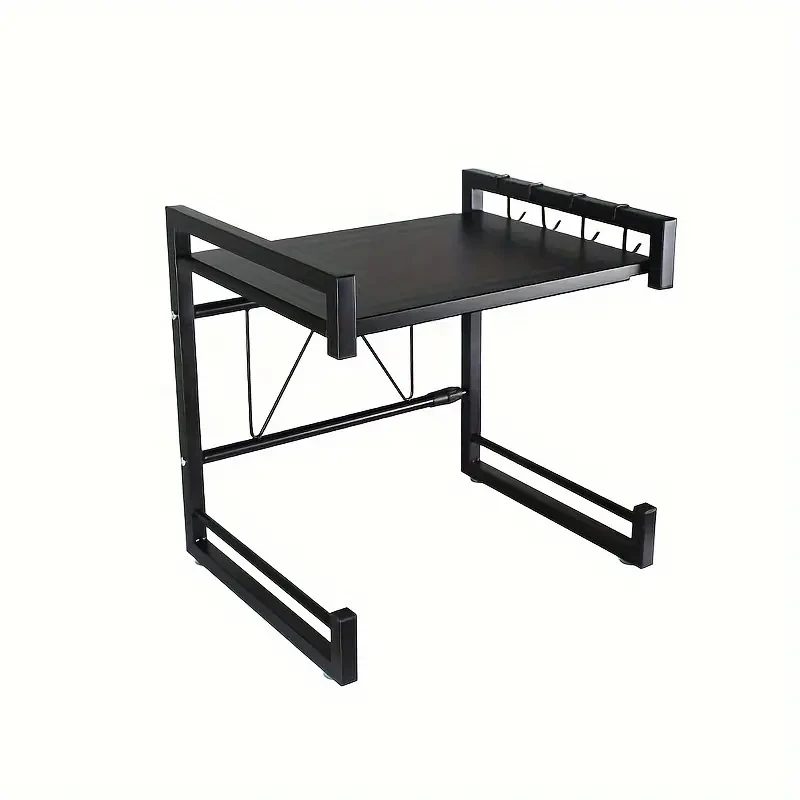 Microwave Oven Rack Kitchen Storage Shelf, Expandable Microwave Stand, Kitchen Utensils Tableware Storage Rack, Carbon Steel Storage Shelf With 6 Hooks