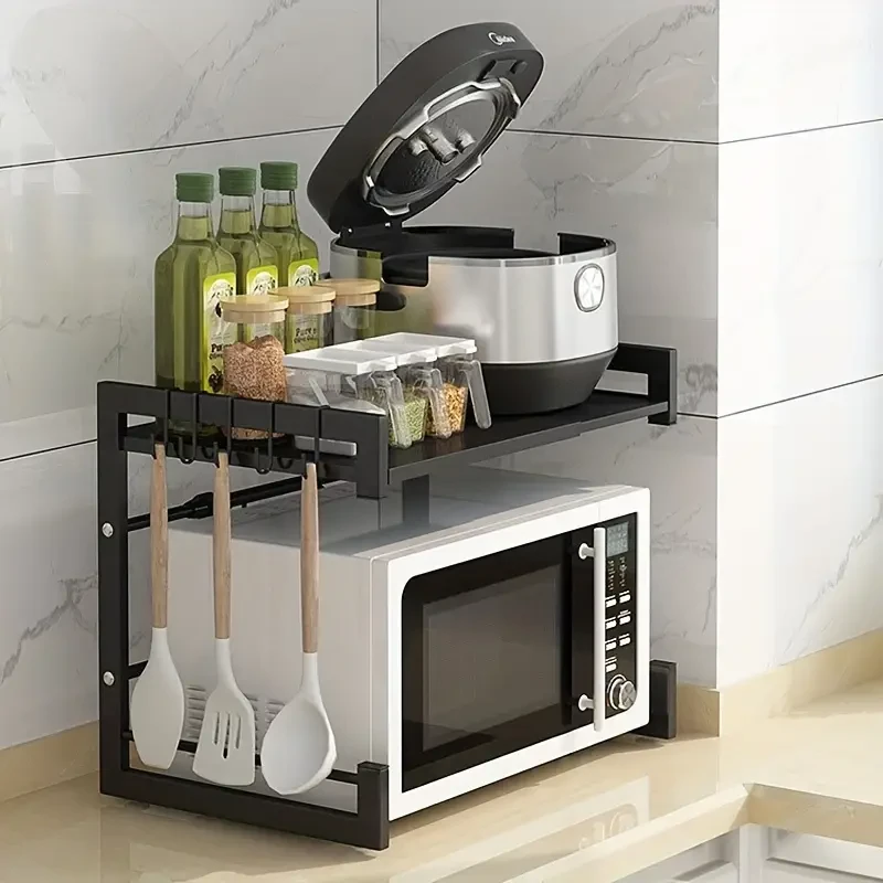 Microwave Oven Rack Kitchen Storage Shelf, Expandable Microwave Stand, Kitchen Utensils Tableware Storage Rack, Carbon Steel Storage Shelf With 6 Hooks