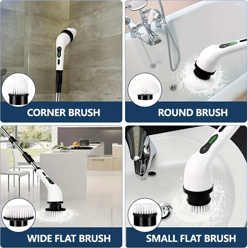 Rechargeable Cordless Spin Scrubber Electric Turbo Scrub Cleaning Brush 9 Heads