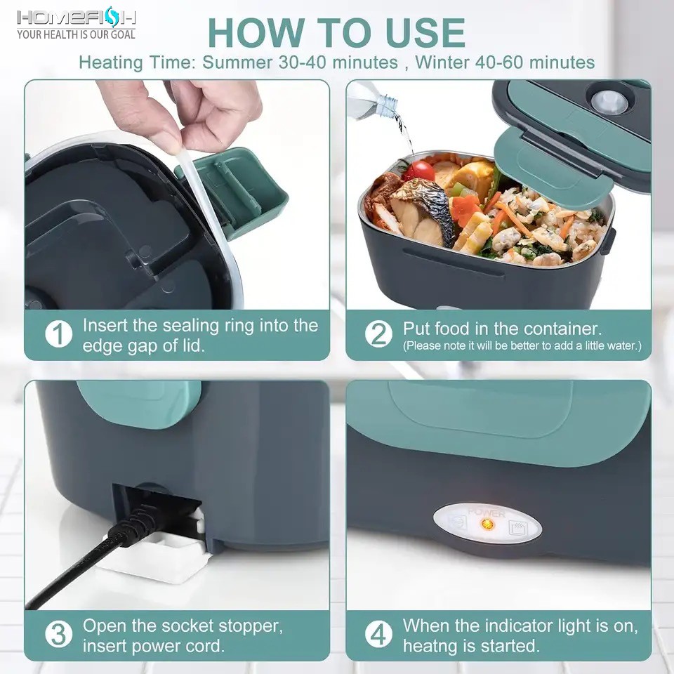 HOMEFISH 1.5L Electric Lunch Box Food Warmer  Portable 60W Food Heater with Leak-Proof 304 Stainless Steel Liner