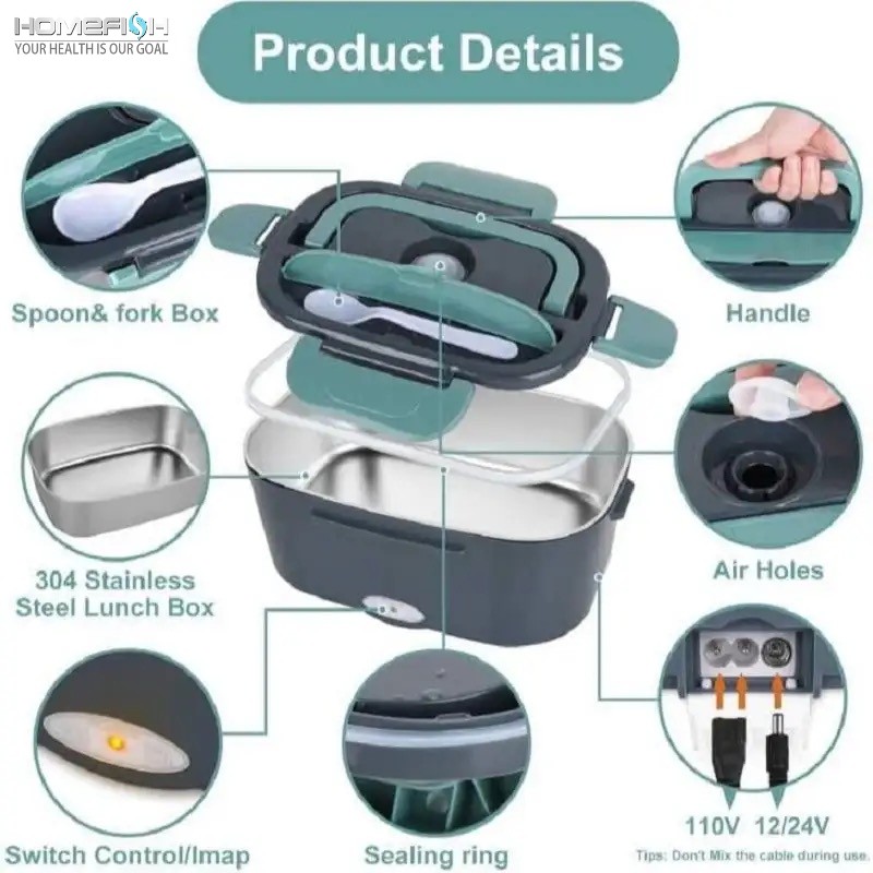 HOMEFISH 1.5L Electric Lunch Box Food Warmer  Portable 60W Food Heater with Leak-Proof 304 Stainless Steel Liner