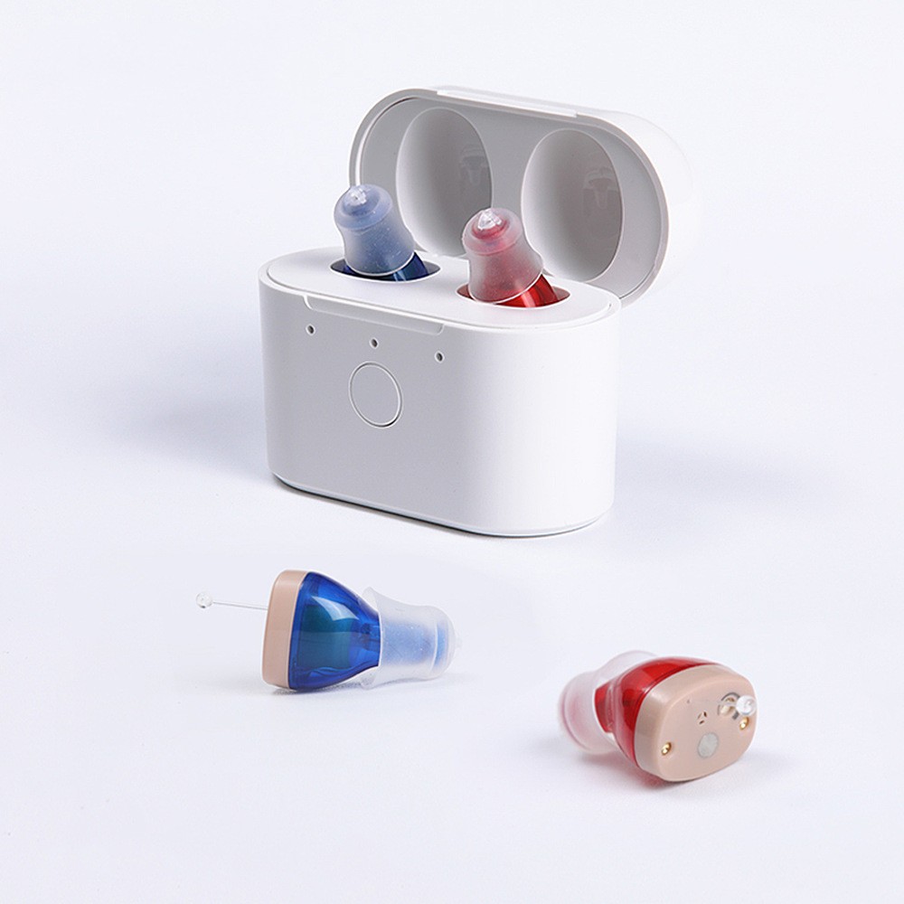 Rechargeable Wireless Hearing Aids - Earbud Headphones with Advanced Noise Cancellation, Compact Charging Case, One-Button Volume Control, and 3 Comfortable Ear Dome Sizes for Seniors and Adults - Whistle-Free, Easy to Use, and Convenient