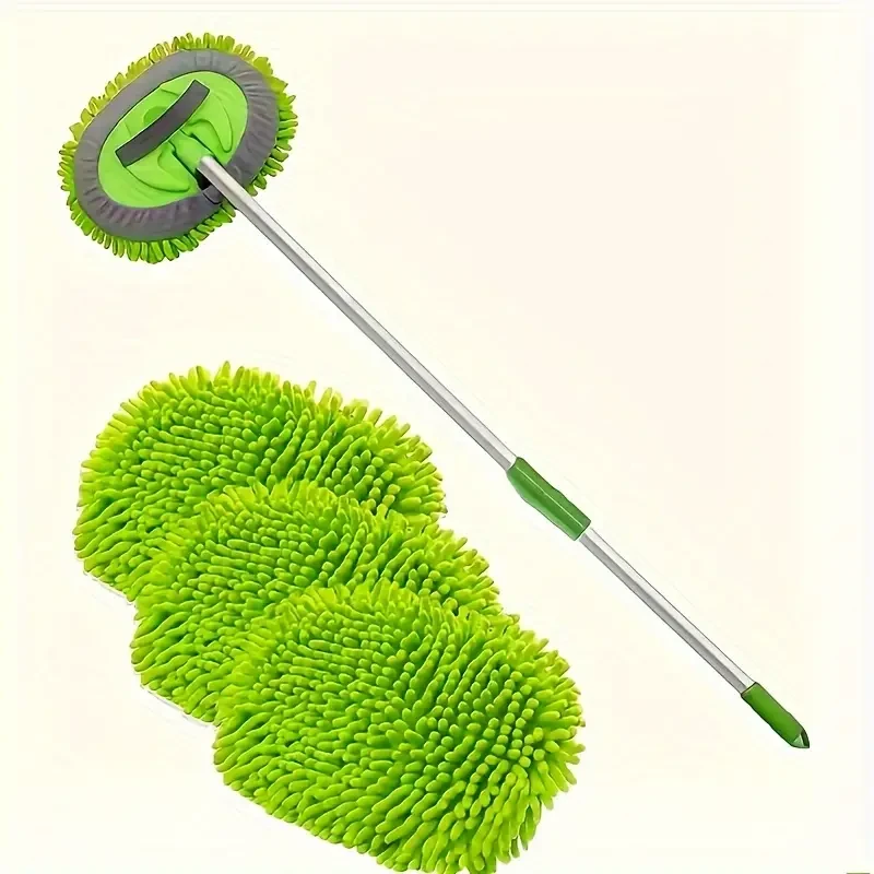 2-in-1 Chenille Microfiber Car Wash Mop & Brush Set with Replaceable Cloth Cover - Long Handle, Scratch-Free Cleaning for Cars, Bathrooms, and More