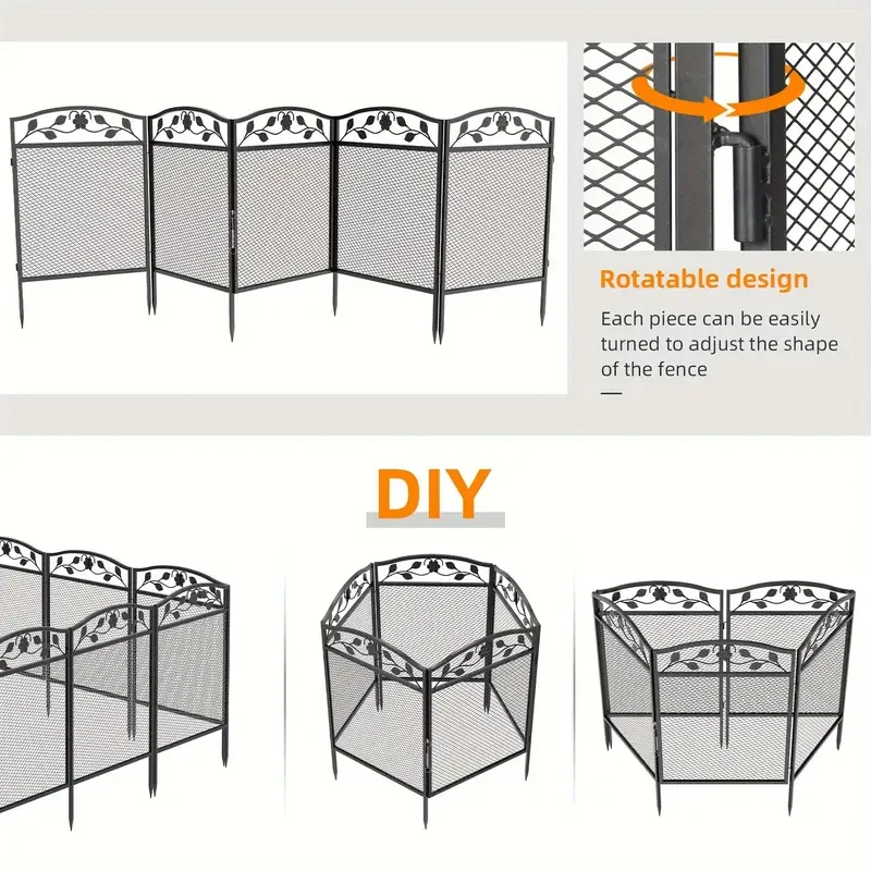 5 Panels Decorative Garden Fences Metal Heavy Duty Dog For Medium/ Small Animals Playpen Fences Animal Barrier For Indoor Outdoor Use, Each L * H 60x110cm