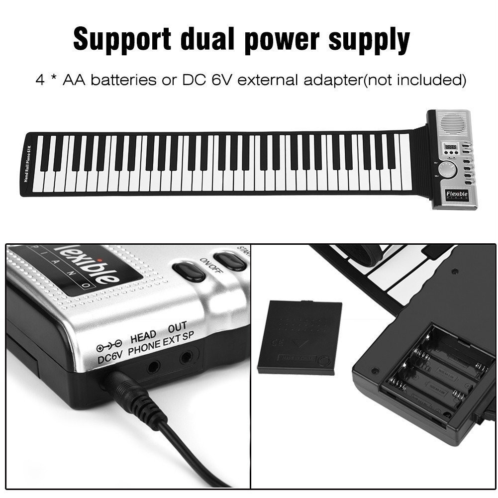 Portable 61-Key Roll Up Piano Flexible ABS Plastic & Silicone Rubber Electronic Soft Keyboard