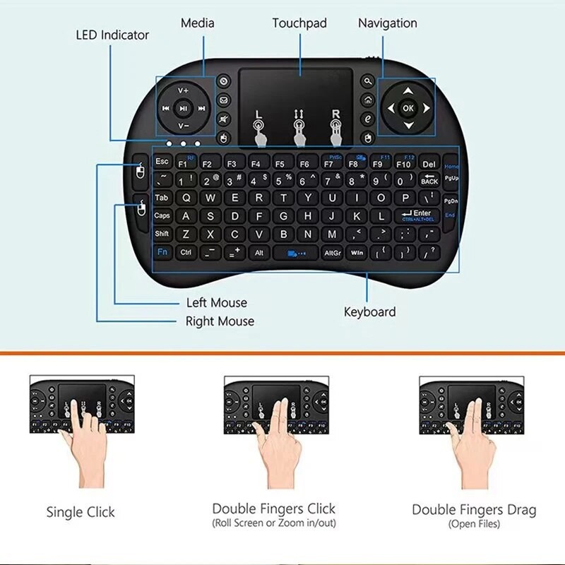 i8 Wireless Keyboard with Touchpad 2.4GHz Mini English/Russian Keyboard & Aerial Mouse for Laptop, TV Box & Projector