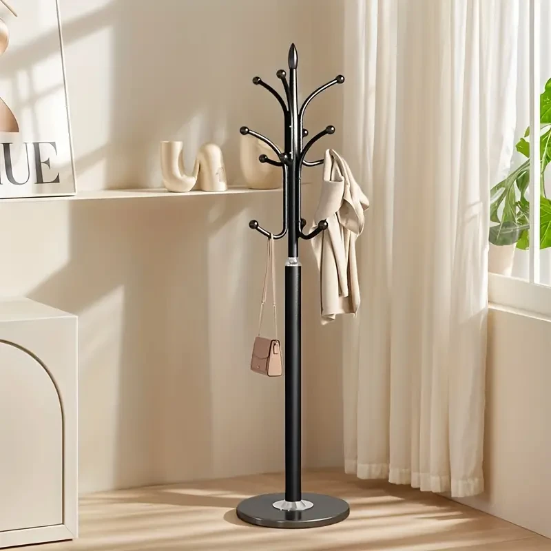 Stylish Metal Clothes & Hat Rack Organizer - Space-Saving, Floor Standing Storage Solution for Bedroom and Living Room with Adjustable Hooks and Compact Design
