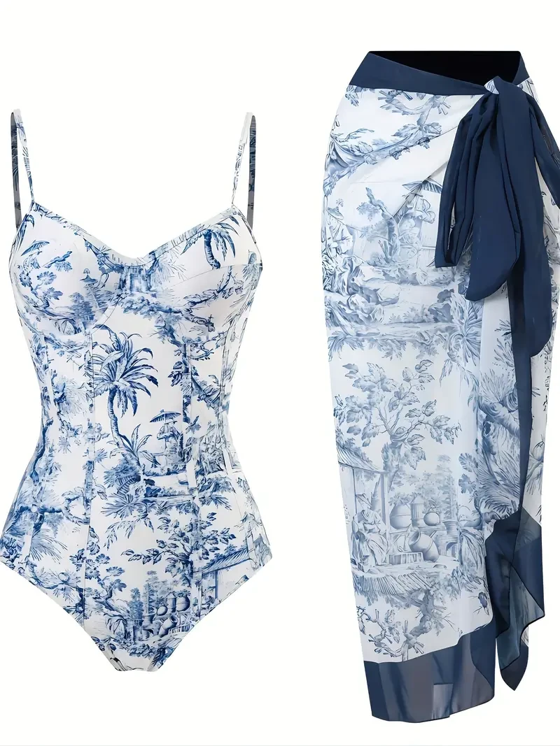 Vintage Blue Chinoiserie Print Push Up 2 Piece Swimsuits, Spaghetti Strap Elegant One-piece Bathing-suit & Tie Side Cover Up