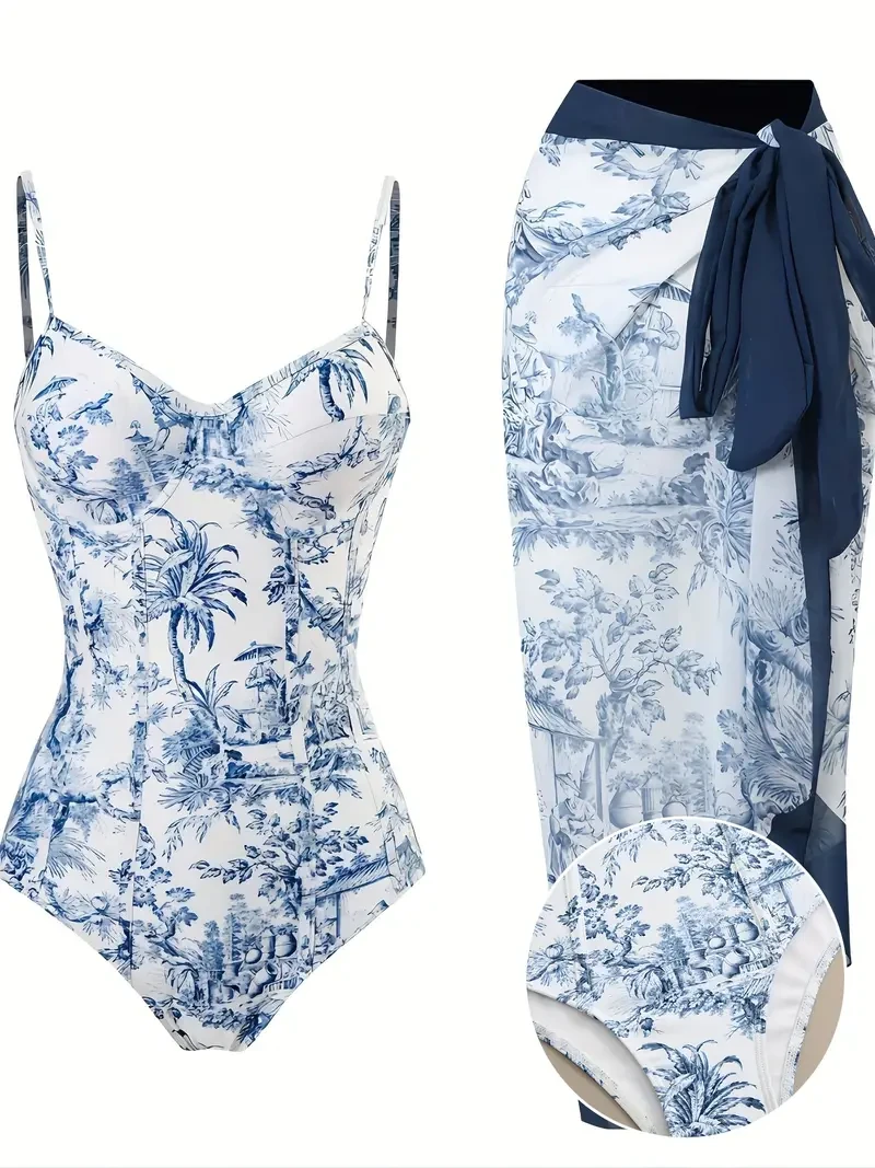 Vintage Blue Chinoiserie Print Push Up 2 Piece Swimsuits, Spaghetti Strap Elegant One-piece Bathing-suit & Tie Side Cover Up