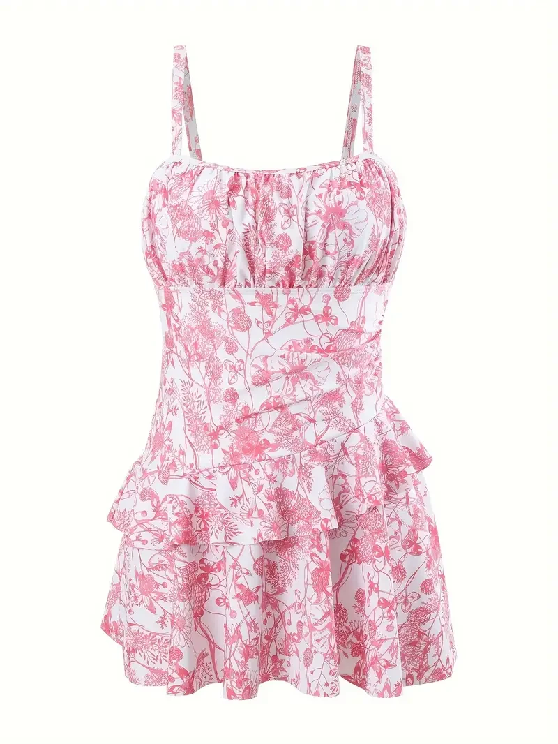 Plant Graphic One-piece Swimsuit, Ruffle Hem Ruched Back Buckle Backless Skirted Bathing Suits, Women's Swimwear & Clothing