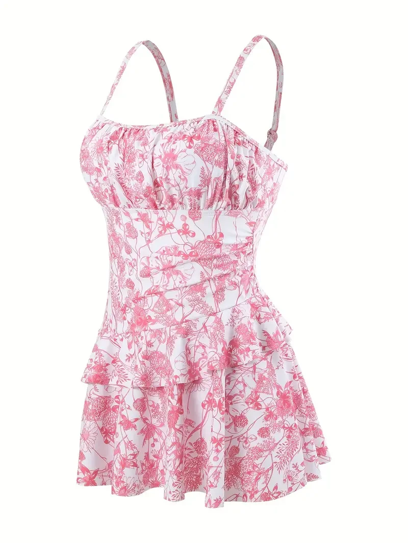 Plant Graphic One-piece Swimsuit, Ruffle Hem Ruched Back Buckle Backless Skirted Bathing Suits, Women's Swimwear & Clothing