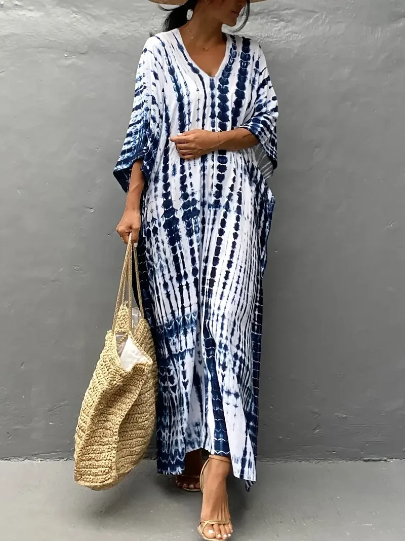 Bohemian Tie-Dye Print Kaftan Beach Cover Up Dress, Loose Women's Swimwear Robe, Casual Summer Style