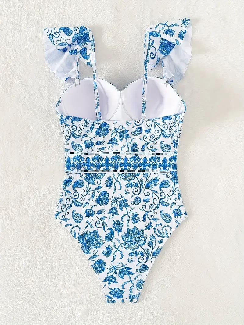 Blue And White Porcelain Print Stylish Comfy Fashion Design One-piece Swimsuit, Classic & Elegant Bathing Suit, Women's Swimwear & Clothing