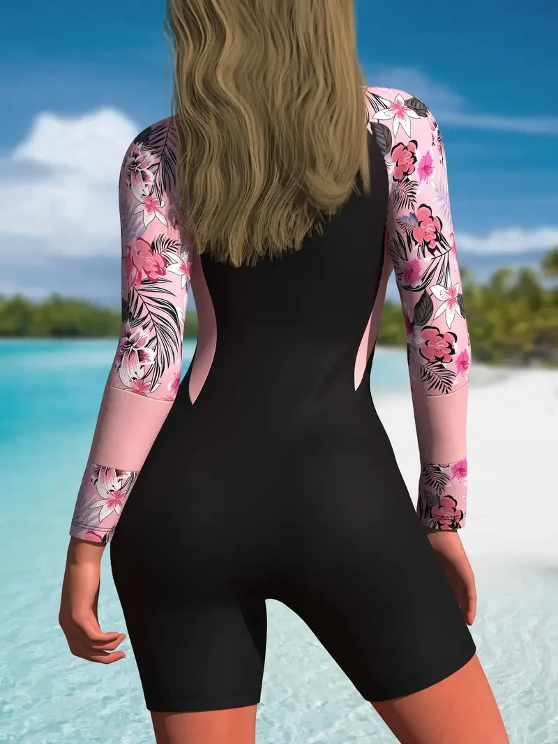 Vibrant Floral Print Rush Guard One-Piece Swimsuit with Shorts - Long Sleeve, Zipper Front, Quick-Drying