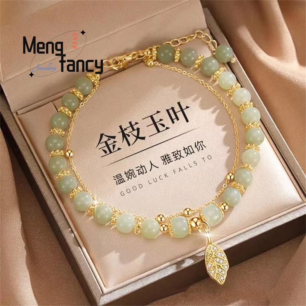 Natural Hetian Jasper Bracelet Golden Branch & Jade Leaves for Womens Fashion Jewelry
